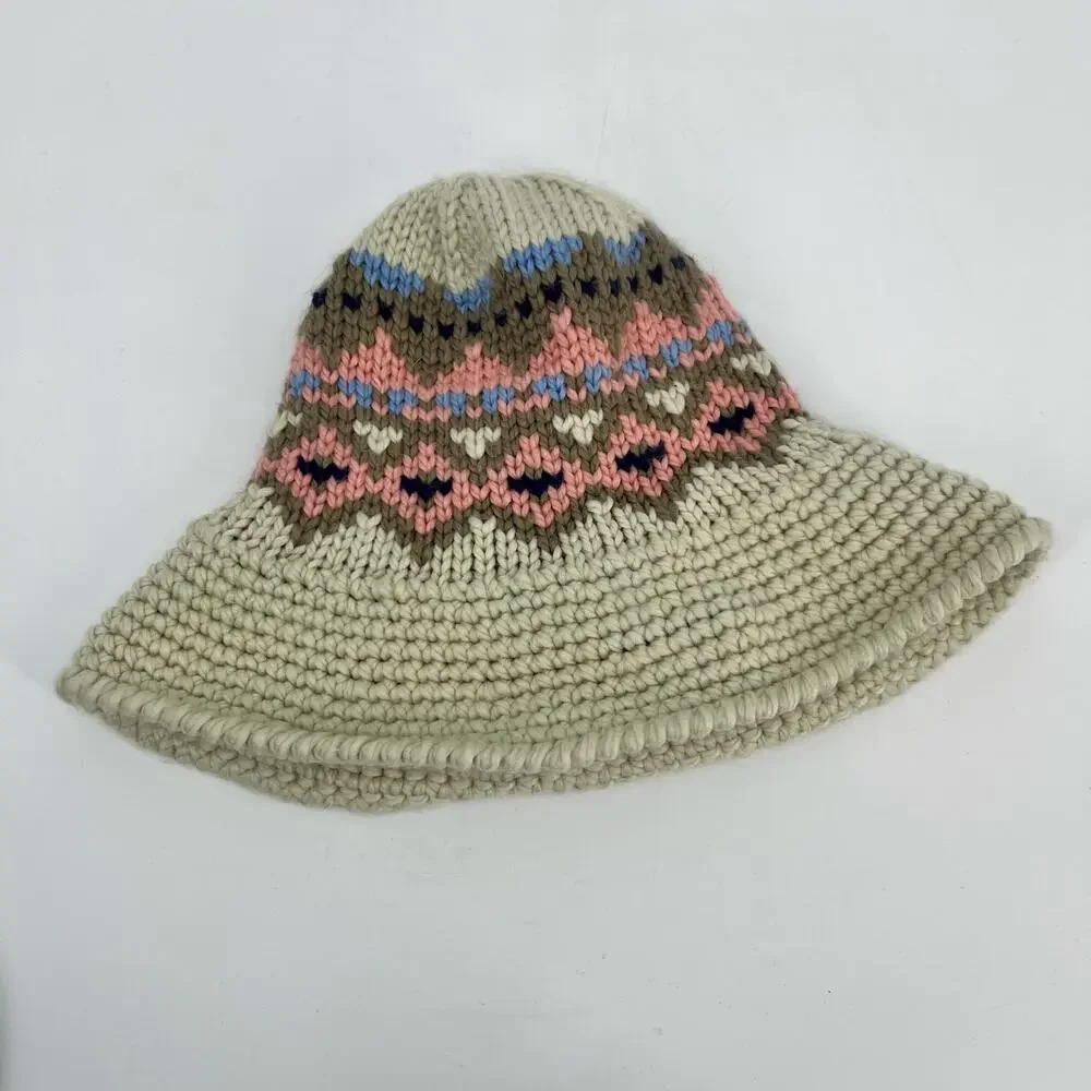 Free People High Road Fairisle Bucket Hat One Size Knit Pink Cream Blue Tan